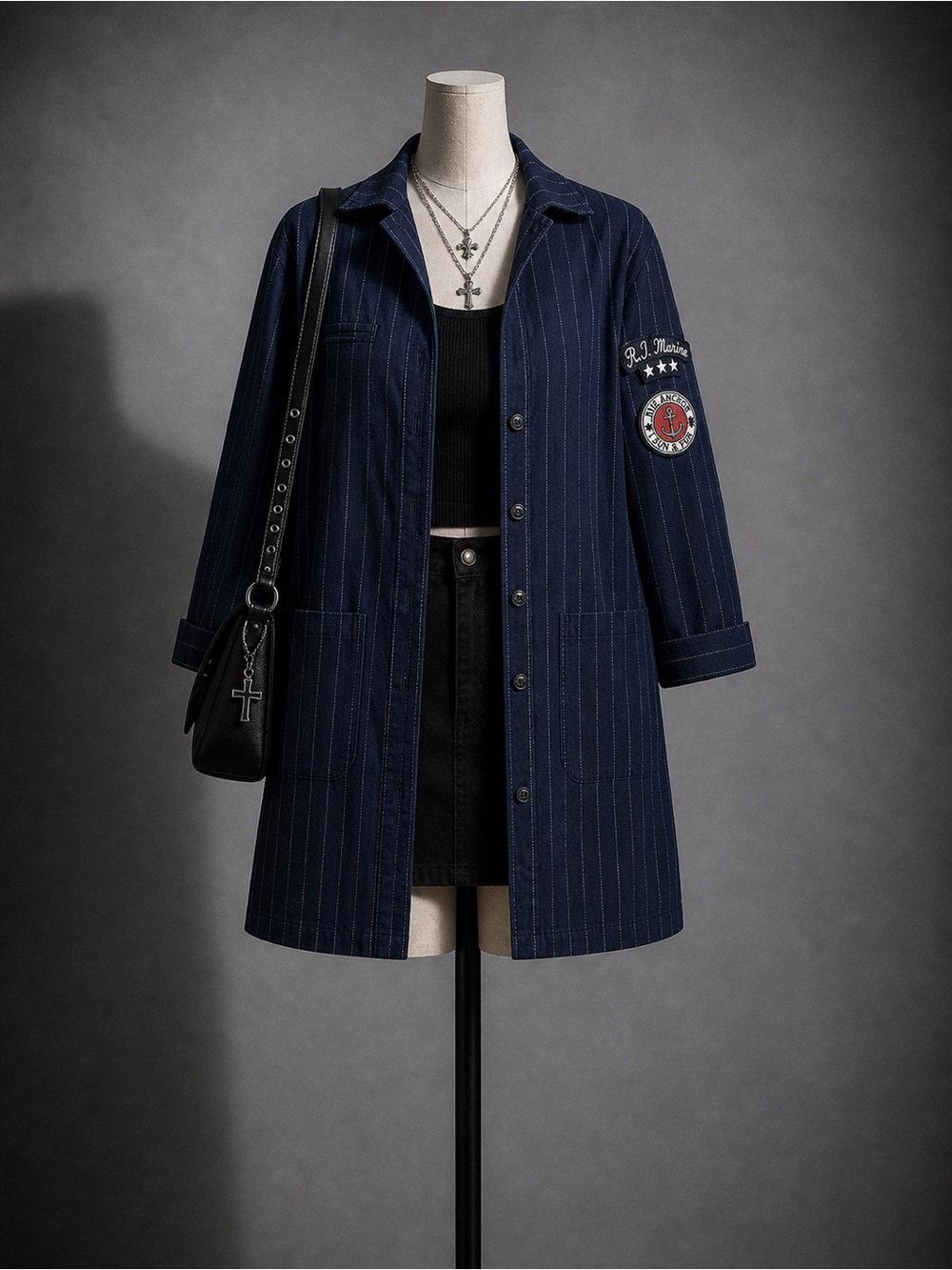 Zara Navy Pinstripe Coat with Sleeve Patch